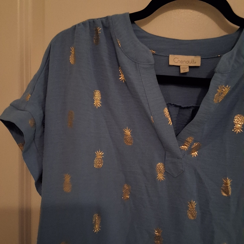 Chenault Blue Blouse with Gold Pineapple Print - Picture 3 of 6